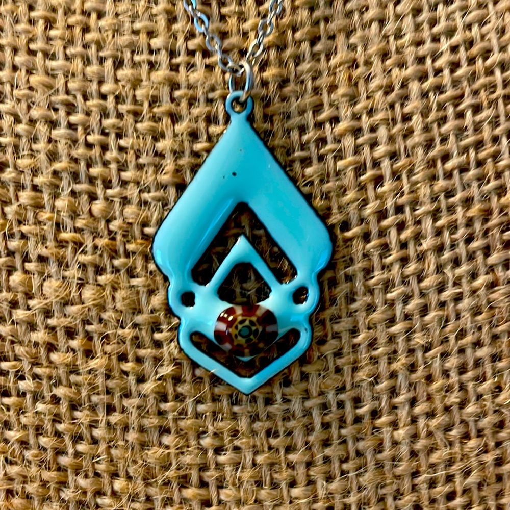 16” necklace with light blue enamel pendant.